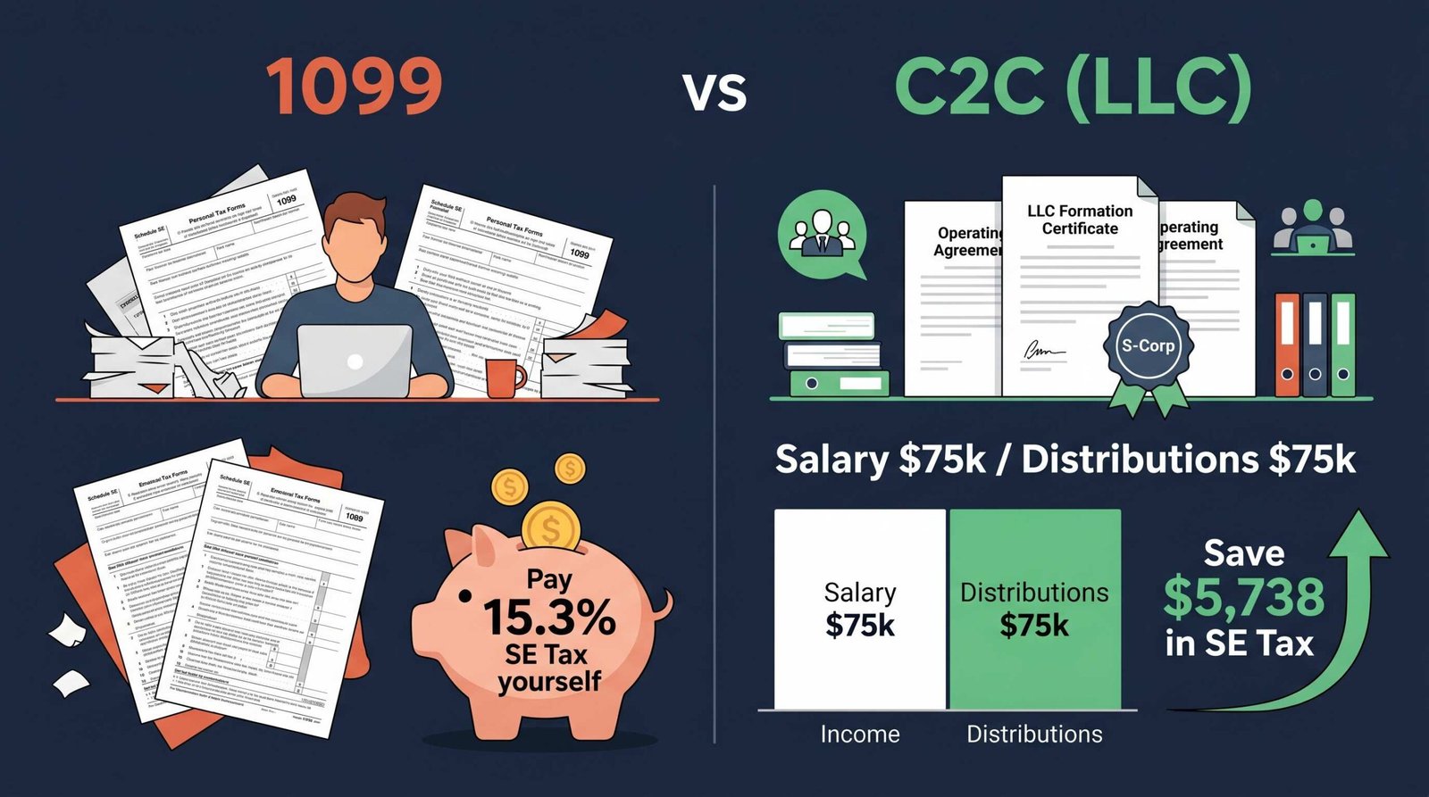 1099 vs C2C LLC tax structure comparison showing 15.3% SE tax on the 1099 side versus salary and distributions split with S-Corp election on the C2C side