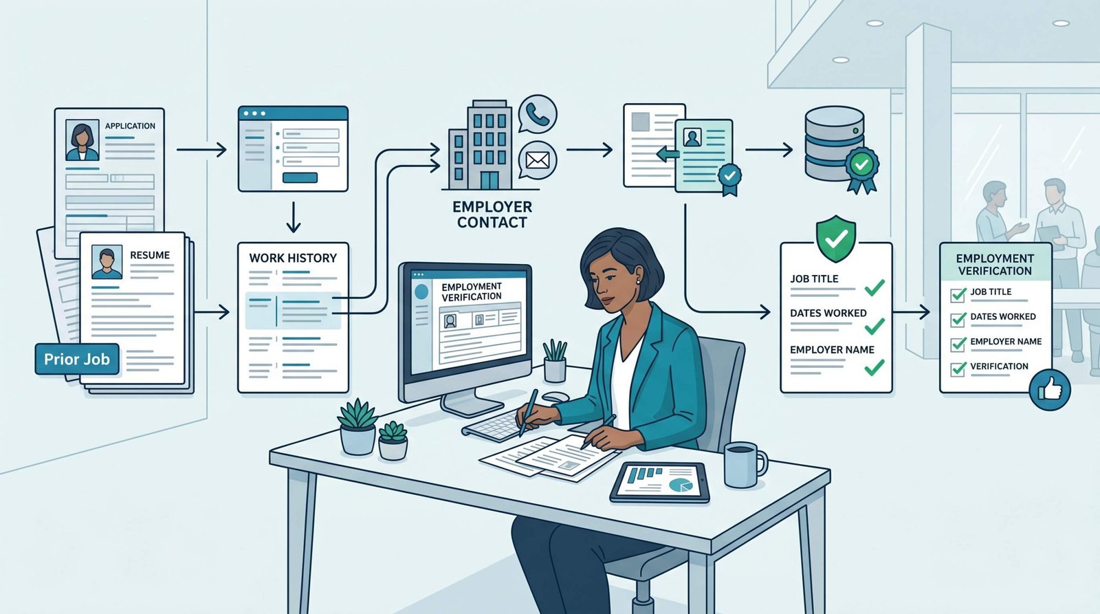 Step-by-step diagram of Cisive employment verification process showing HR outreach and document review