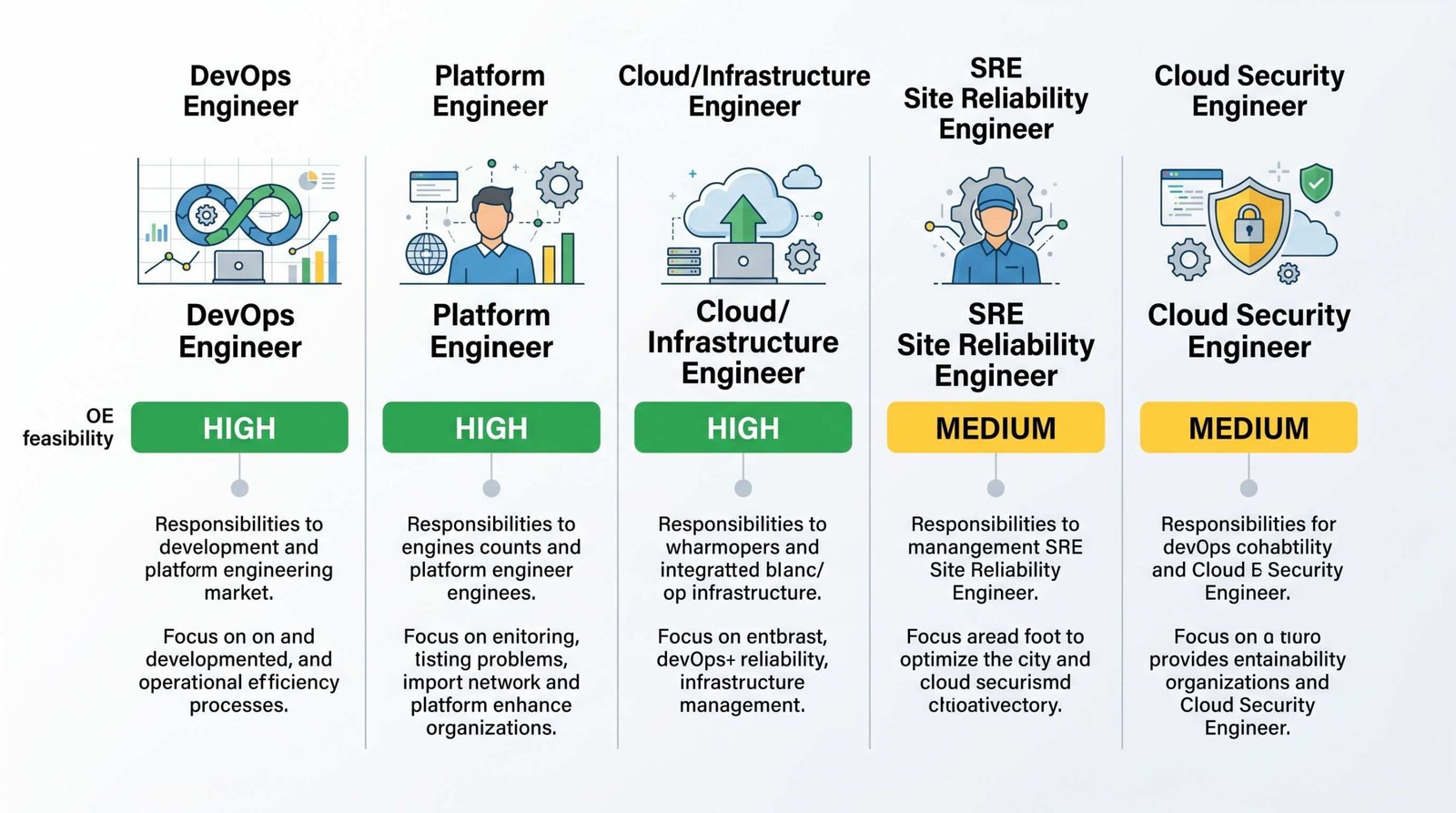 DevOps role type OE feasibility comparison showing five specializations from generalist DevOps to cloud security engineer