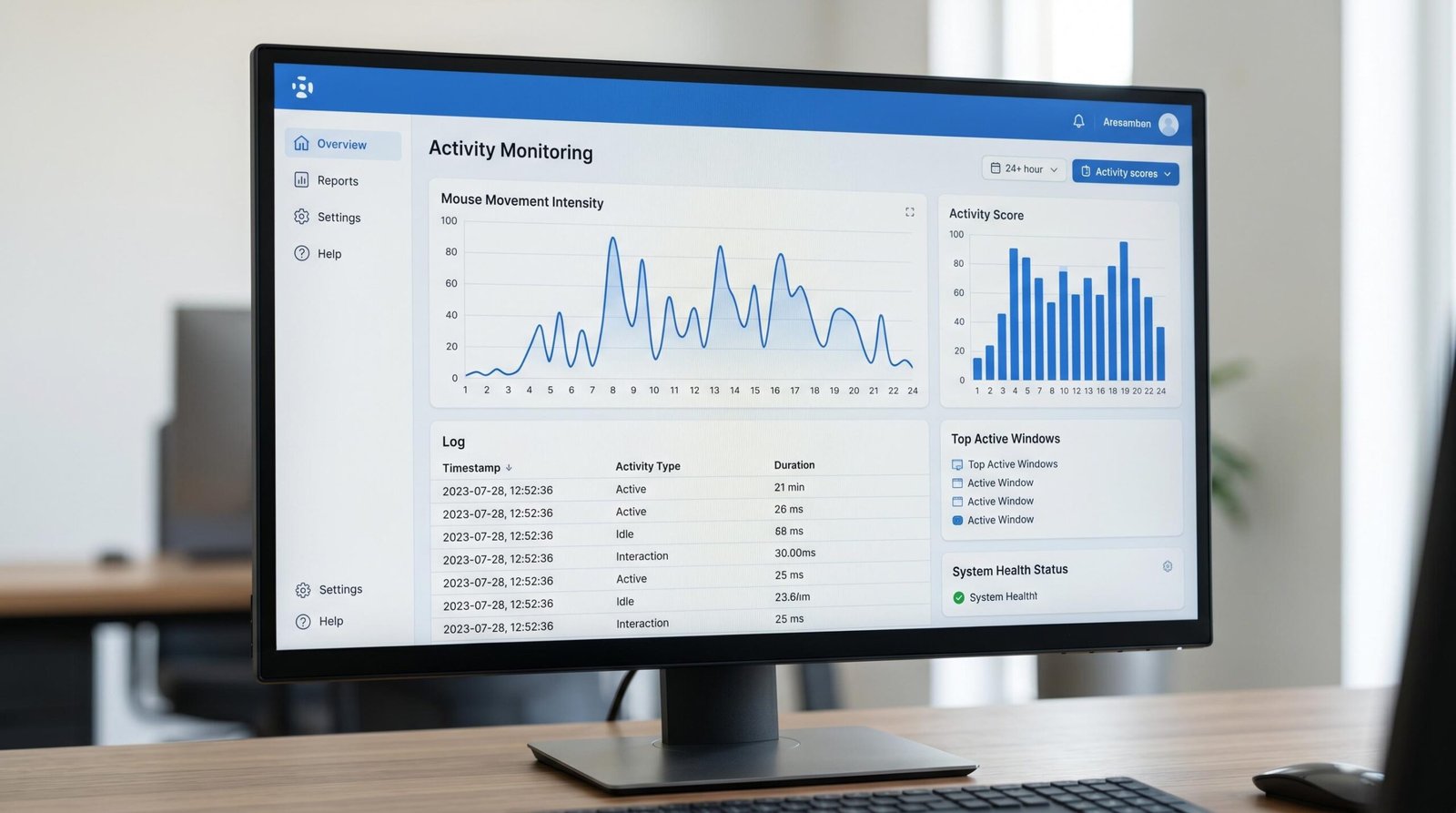 Employee monitoring software dashboard showing mouse movement patterns and activity tracking metrics Employee monitoring software dashboard showing mouse movement patterns and activity tracking metrics