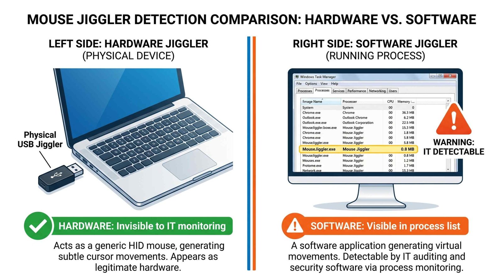 Hardware vs software mouse jiggler detection risk comparison table