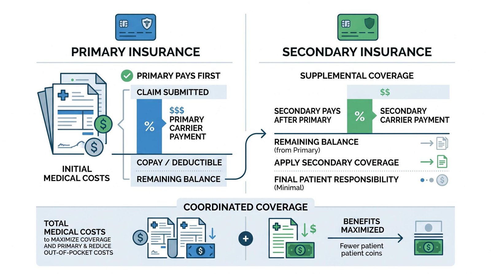 Diagram showing primary insurance passing remaining balance to secondary insurance for coordinated coverage