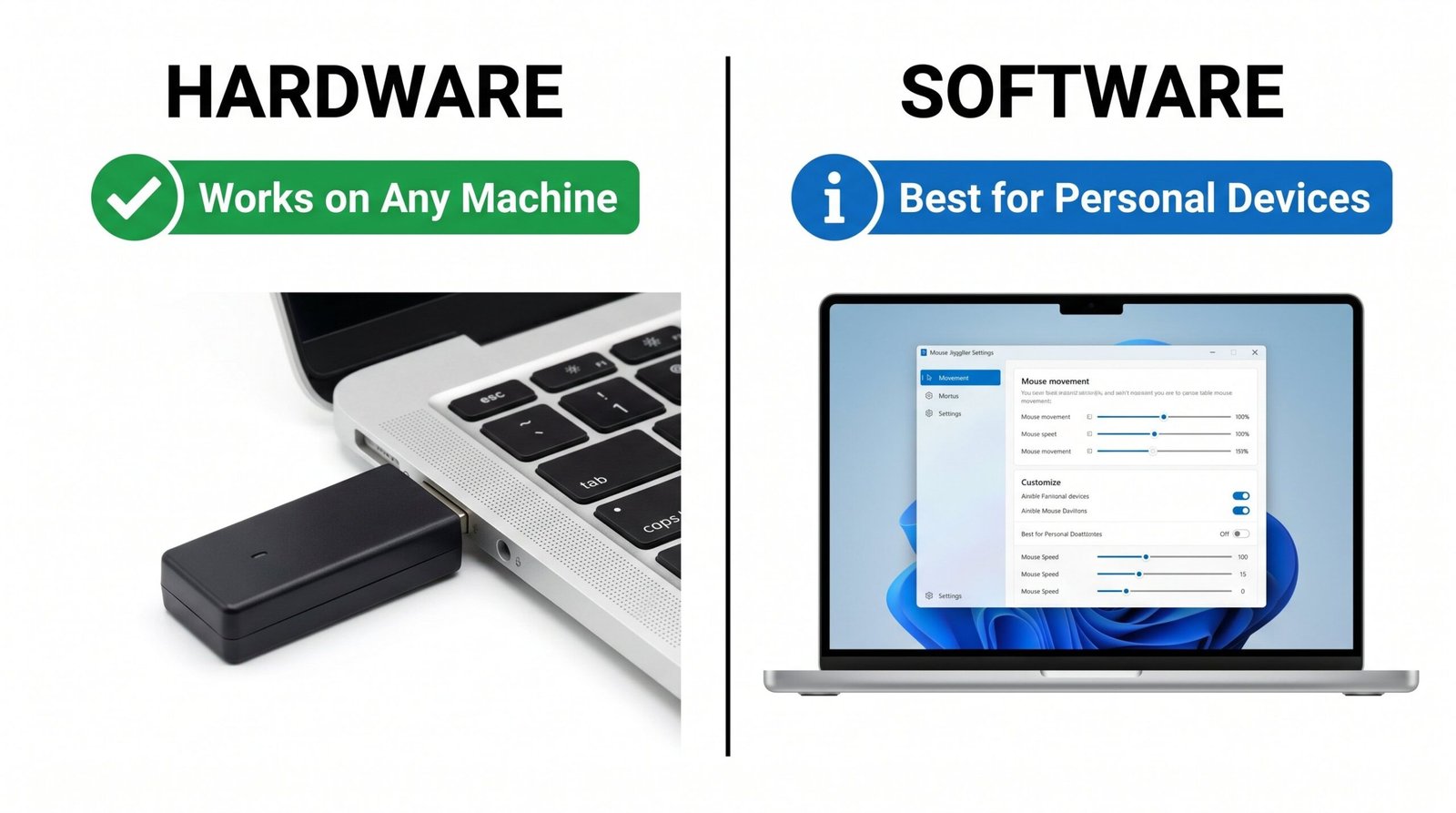 Comparison diagram showing hardware USB mouse jiggler on left and software mouse jiggler app on right with Teams compatibility labels