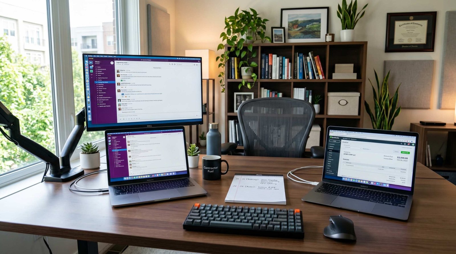 Overemployed remote worker with two laptops showing W2 job collaboration tool and C2C LLC invoice simultaneously