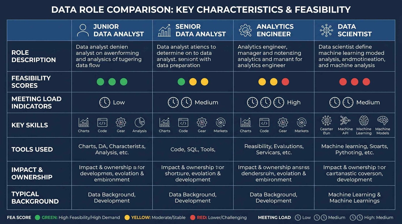 Overemployed Data Analyst Role Feasibility Comparison 2026 OE feasibility comparison table for data analyst roles: Junior DA, Senior DA, Analytics Engineer, Data Scientist