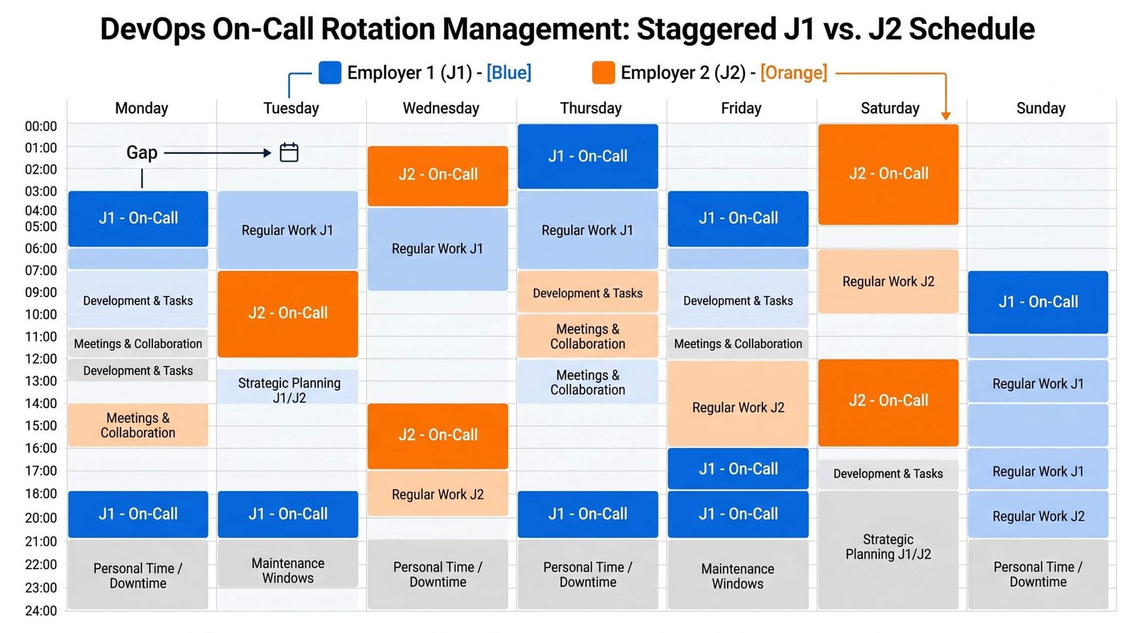 DevOps on-call rotation calendar showing staggered J1 and J2 schedules to prevent overlap for overemployed engineers