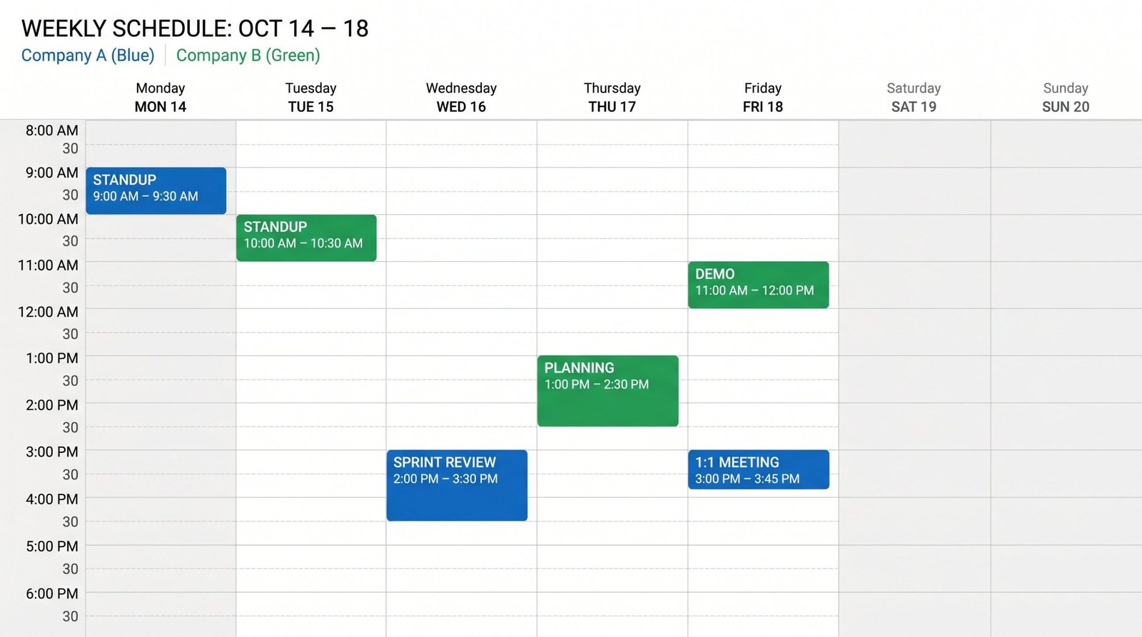 Weekly calendar showing two overlapping job schedules color-coded in blue and green with standups and sprint meetings interleaved
