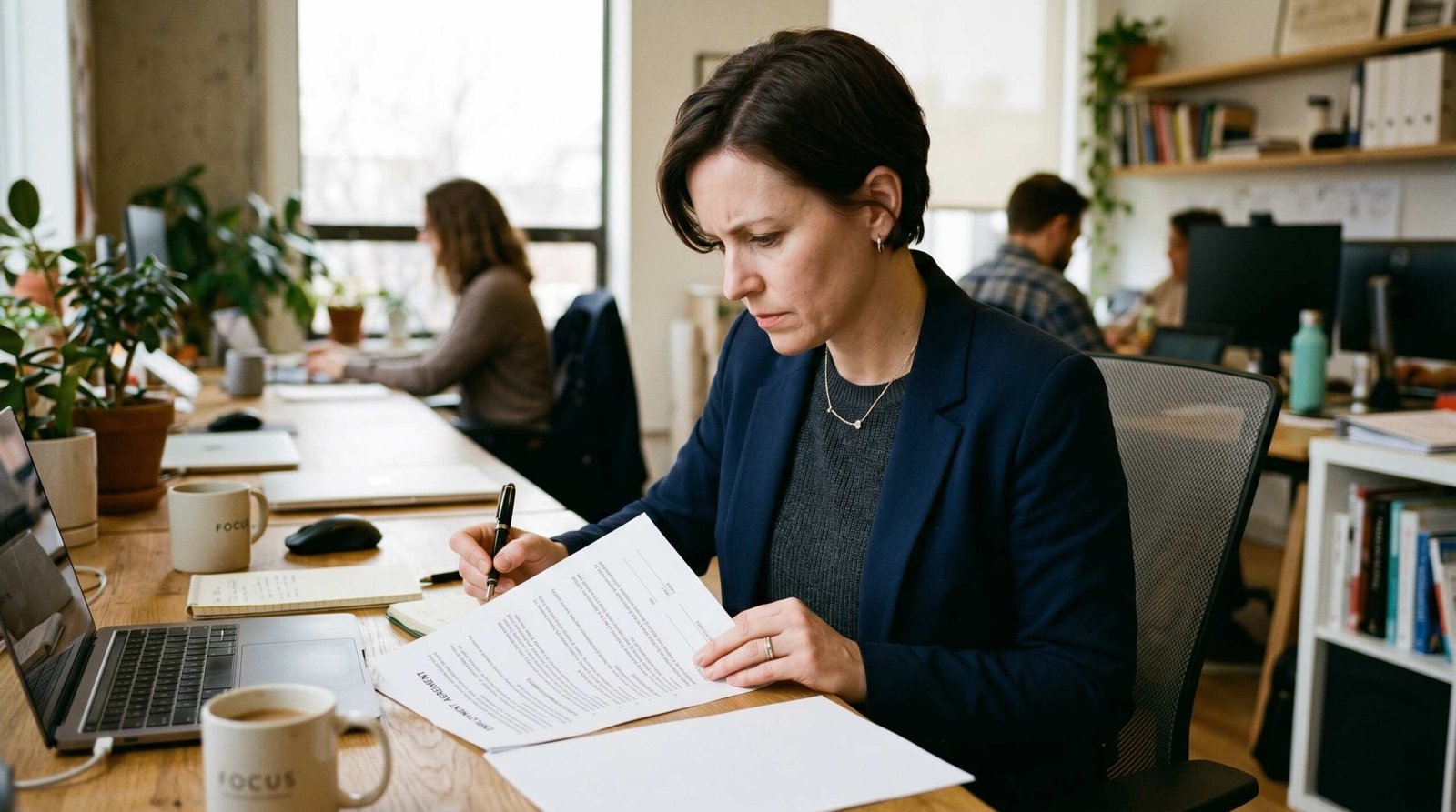 Person carefully reviewing an employment contract with pen in hand before taking a second job
