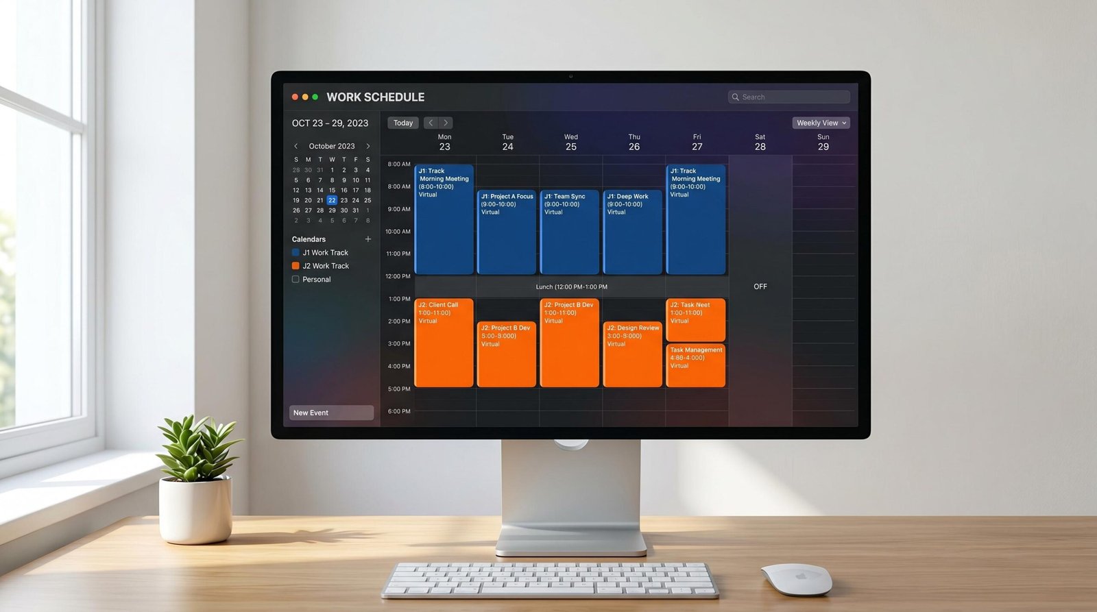 Weekly calendar showing color-coded time blocks for two job schedules