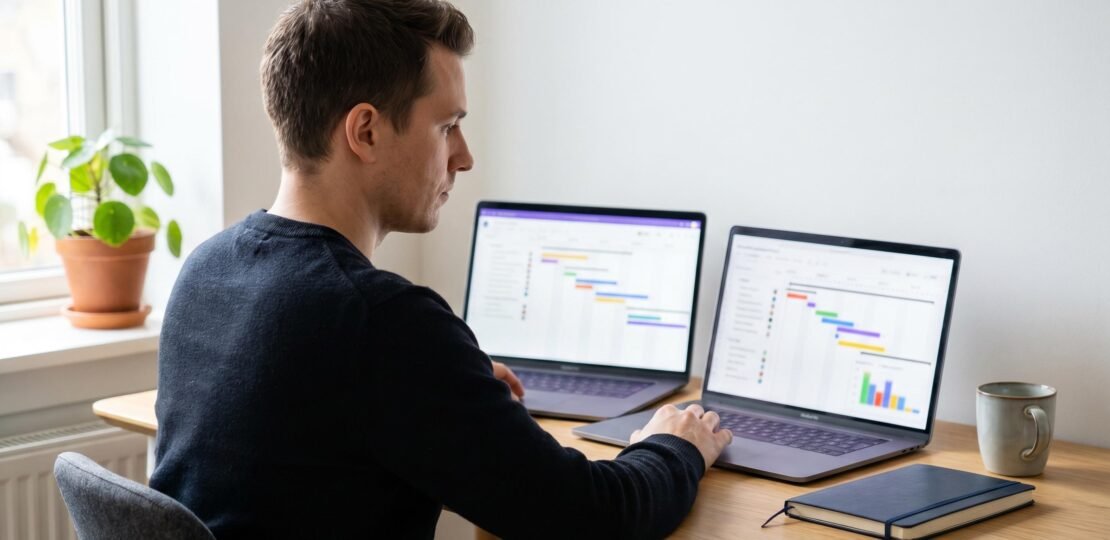 Overemployed project manager dual workstation