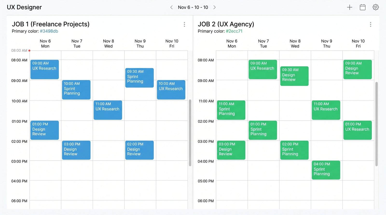 Color-coded calendar showing two non-overlapping UX design job schedules for an overemployed designer