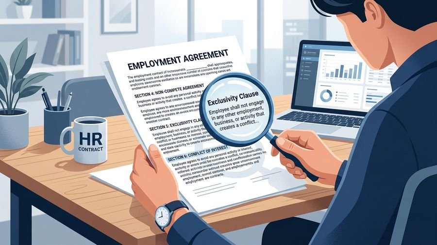 Hands reviewing an employment contract with a magnifying glass highlighting exclusivity and conflict of interest clauses