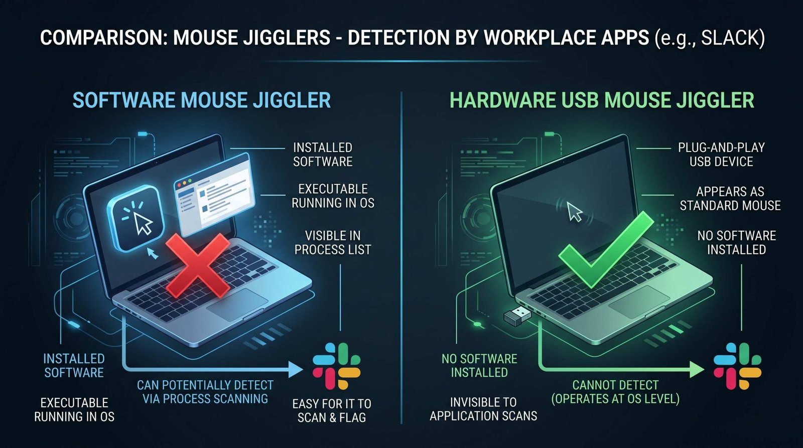 Comparison diagram showing software mouse jiggler detectable by process scanning versus hardware USB jiggler operating at OS level