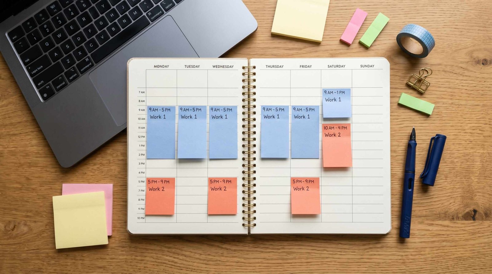 Color-coded weekly calendar showing time blocks for two separate job schedules Color-coded weekly calendar showing time blocks for two separate job schedules