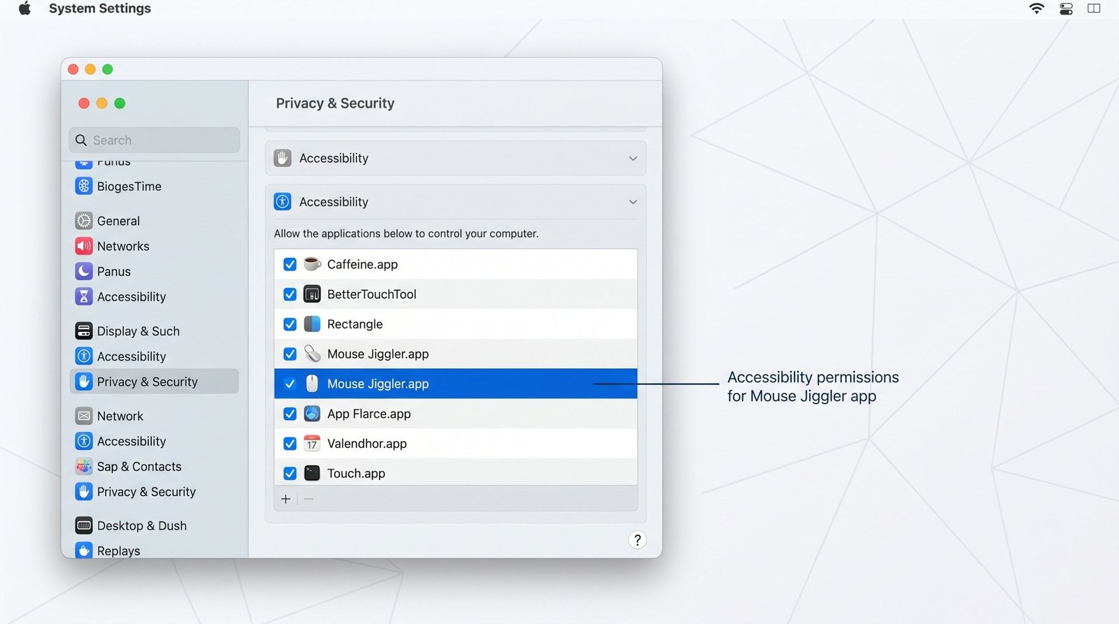 Mac Mouse Jiggler Accessibility Permissions Setup - macOS Privacy Settings macOS System Settings showing Accessibility permissions panel where mouse jiggler apps must be granted access