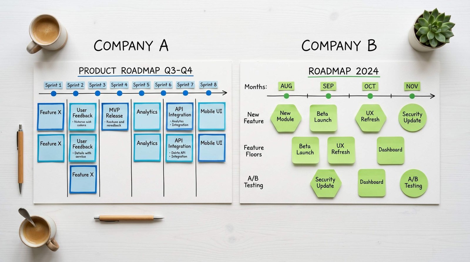 Two separate product roadmaps with different colored sticky notes for two OE PM jobs