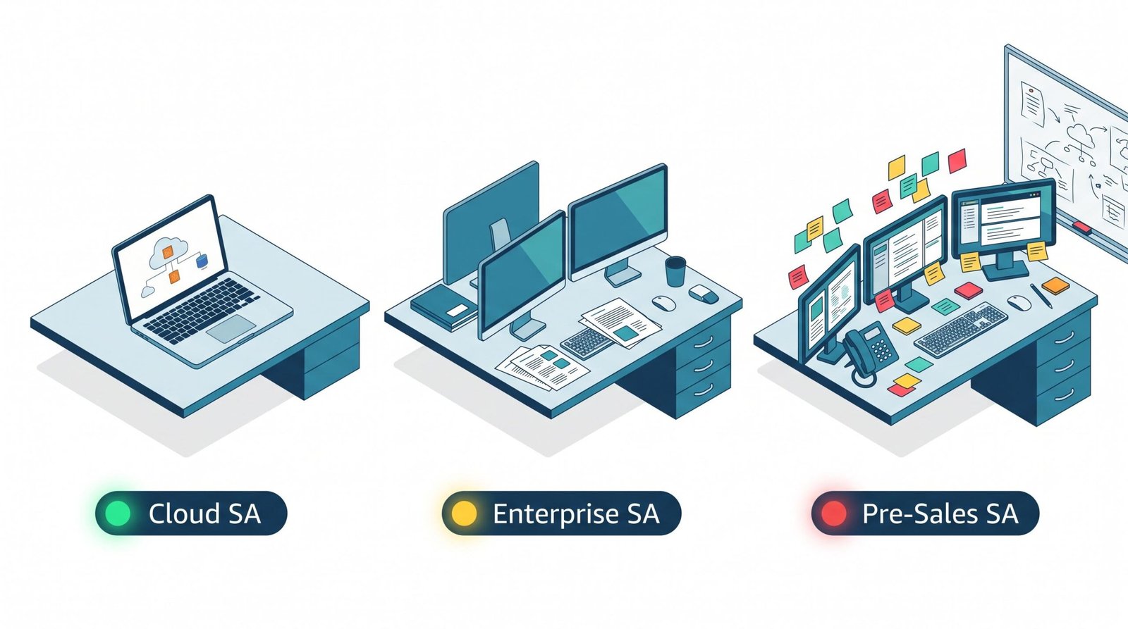 Three SA types compared by overemployment feasibility: Cloud SA (high), Enterprise SA (medium), Pre-Sales SA (low)