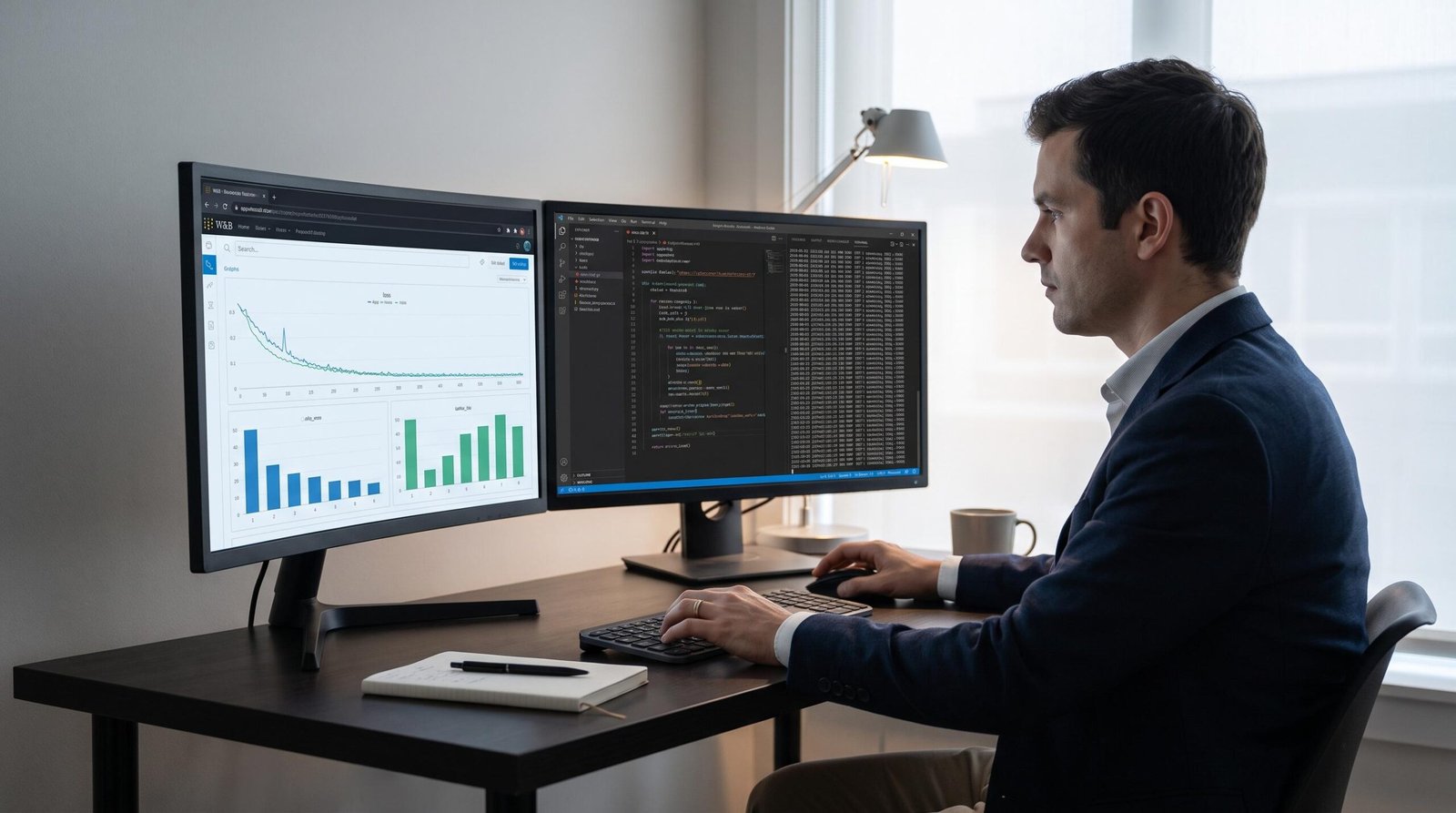 Overemployed Machine Learning Engineer Dual Setup 2026 A machine learning engineer working at dual monitors showing two different ML project environments - illustrating the overemployed ML engineer setup