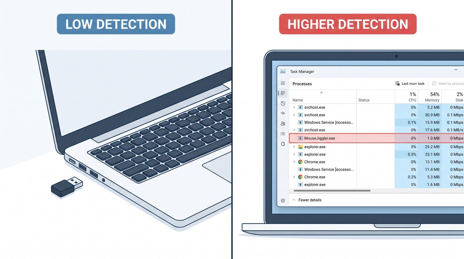 Split comparison showing hardware USB mouse jiggler plugged into laptop port versus software process visible in Windows Task Manager - contrasting detection risk